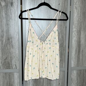 Anthropologie Cream Floral Spaghetti-Strap Tank Top